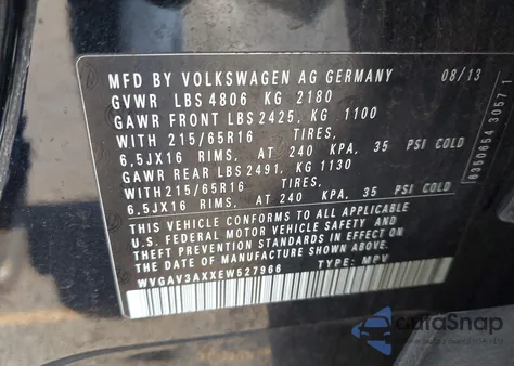 2014 Volkswagen Tiguan S from USA, damaged, VIN WVGAV3AXXEW527966